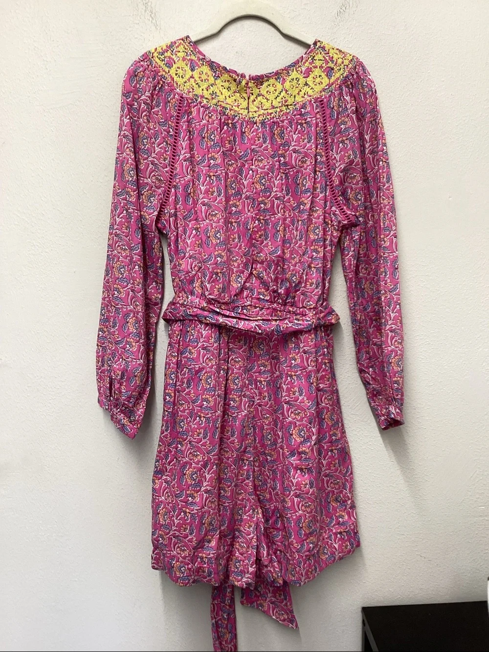 J. Crew Hot Pink Paisley romper with Yellow Crochet Detail